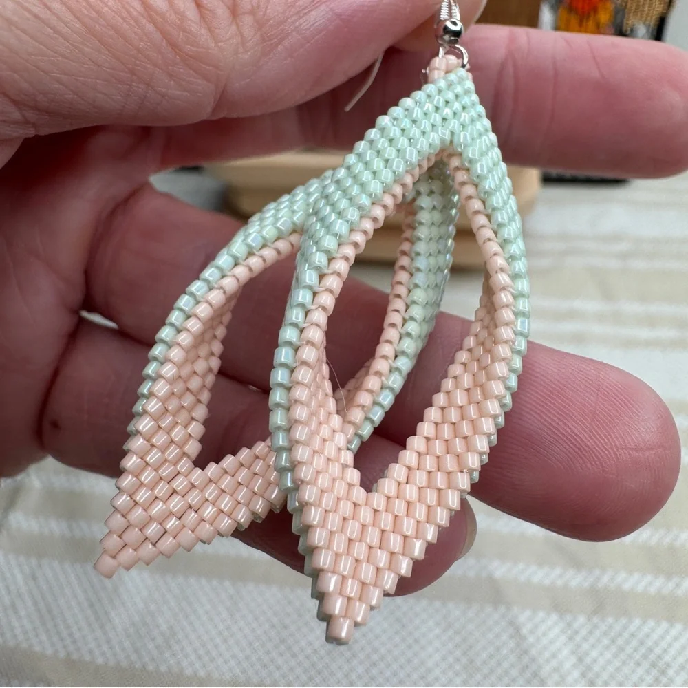 Pink and Mint Folded Leaf, Petal Seed Bead Earrings Handmade Elegant‎ Jewelry